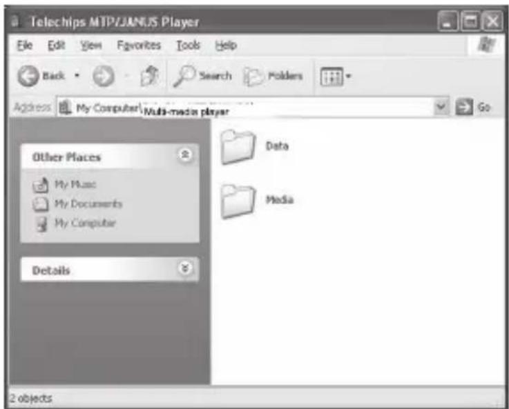 Telechips MTP/JANUS Player File Edit View Favorites Tools Help Back Search Polders Address My Computer\Multi-media Player Go Other Places My Music My Documents My Computer Details Data Media 2 objects
