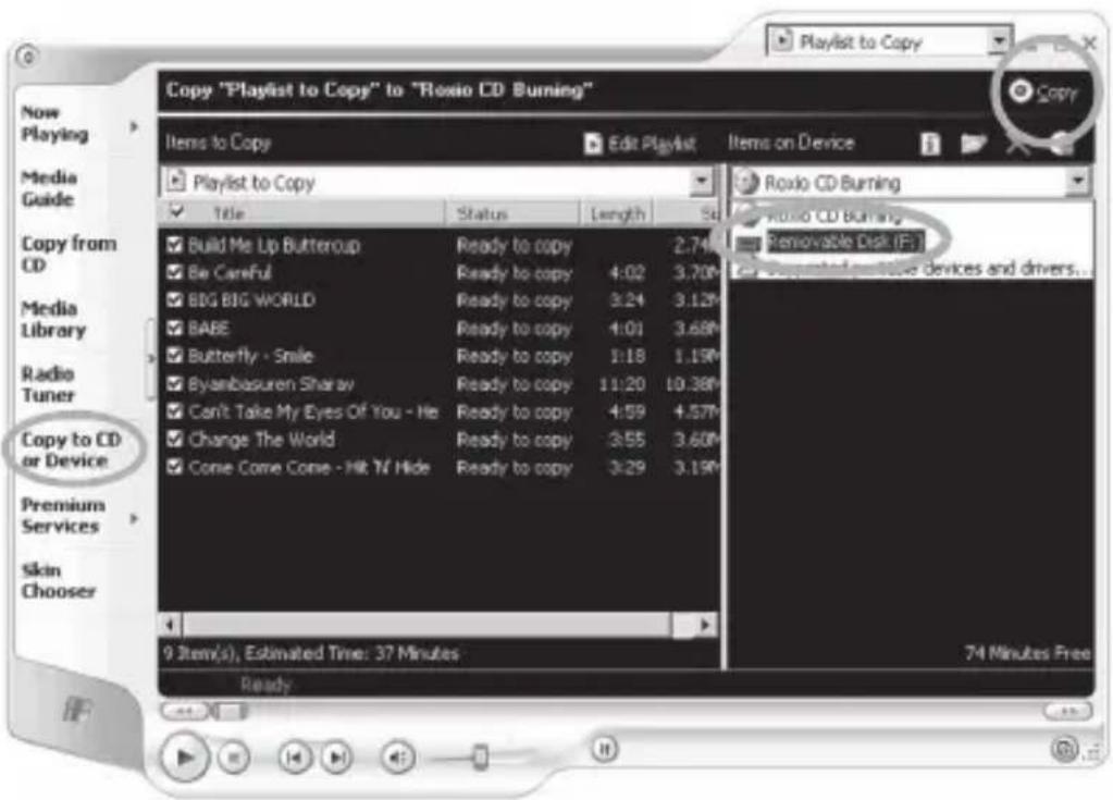 Playlist to Copy Copy "Playlist to Copy" to "Roxio CD Burning" Items to Copy Edit Playlist Items on Device Now Playing Media Guide Copy from CD Media Library Radio Tuner Copy to CD or Device Premium Services Skin Chooser 9 Item(s), Estimated Time: 37 Minutes Ready Build Me Up Butteroup Be Careful BD…