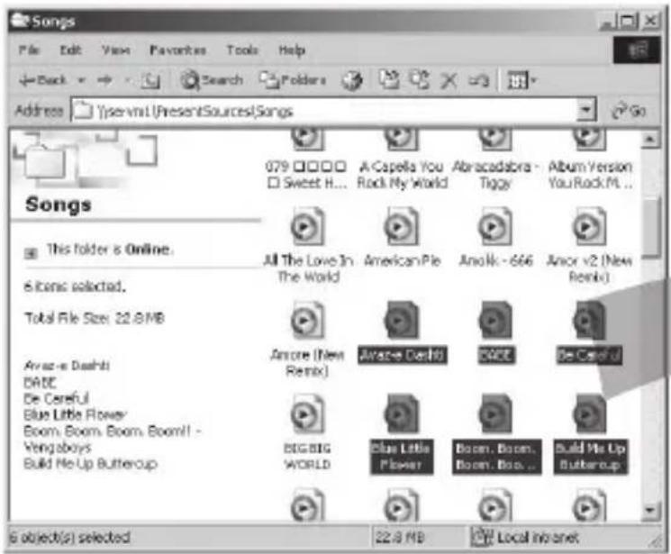 Songs File Edit View Favorites Tools Help Back Search Folders Address Yservnt | PresentSources | Songs 079 □□□□ A Capella You Abracadabra - Album Version □ Sweet H... Rock My World Tiggy You Rock M... All The Love In American Pie Anolk - 666 Anor v2 (New The World Remix) Anore (New Re mix) Avance Da…