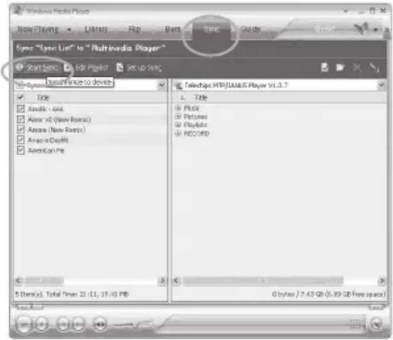 Sync "Sync List" to "Multimedia Player" Start Sync Edit Playlist Set up Sync Sync List to device Title AudioVik - music Audio v2 (New Romanic) Audioe (New Romanic) Audioo Display American Pie 5 items(s). Total Times 21:13, 15:43 PB Telechip WTPJUMUS Player V1.0.7 Title Music Pictures Playlabs RECORD…