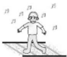 Illustration of a person walking on a path with musical notes floating around (no text or symbols)
