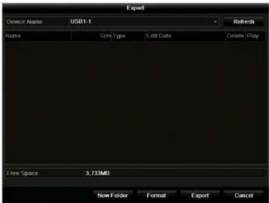 Export Device Name USB1-1 Name Size Type Edit Date Delete Play Free Space 3,733MB New Folder Format Export Cancel