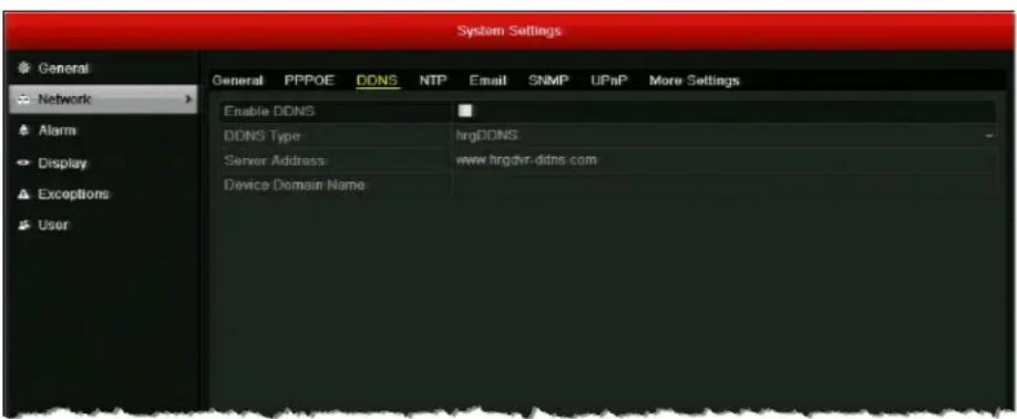 System Settings General PPPOE DDNS NTP Email SNMP UPnP More Settings Enable DDNS DDNS Type hrgDDNS Server Address: www.hrgdvr-ddns.com Device Domain Name