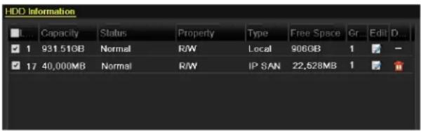 HDD Information L... Capacity Status Property Type Free Space Gr... Edit D... ✓ 1 931.510B Normal R/W Local 9060B 1 ✓ 17 40,000MB Normal R/W IP SAN 22,528MB 1