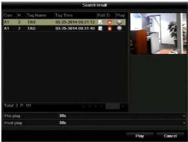 Search result Cam H Tag Name Tag Time Edit D Play A1 2 TAG 03-25-2014 09:31:12 A1 2 TAG 03-25-2014 09:31:40 Total 2 P: 1/1 Pre-play 30s Post-play 30s Play Cancel