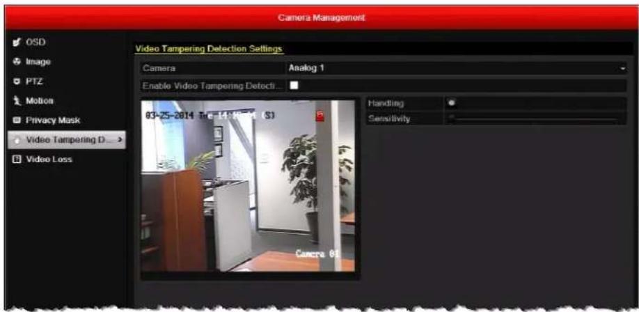 Camera Management Video Tampering Detection Settings Camera Analog 1 Enable Video Tampering Detect... 03-25-2014 Test 14:00:00 (S) Handling Sensitivity Video Tampering D > Video Loss Camera 81