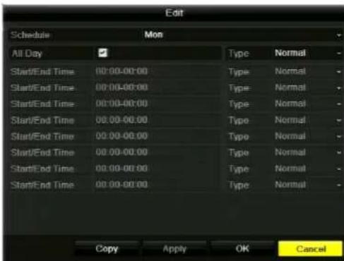 Edit Schedule Mon All Day ✓ Type Normal Start/End Time 00:00-00:00 Type Normal Start/End Time 00:00-00:00 Type Normal Start/End Time 00:00-00:00 Type Normal Start/End Time 00:00-00:00 Type Normal Start/End Time 00:00-00:00 Type Normal Start/End Time 00:00-00:00 Type Normal Start/end Time 00:00-00:00 Type Normal Start/end Time 00:00-00:00 Type Normal Copy Apply OK Cancel