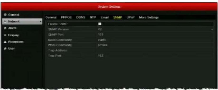System Settings General Network Alarm Display Exceptions User General PPPOE DDNS NTP Email SNMP UPnP More Settings Enable SNMP SNMP Version V2 SNMP Port 161 Read Community public Write Community private Trap Address Trap Port 162