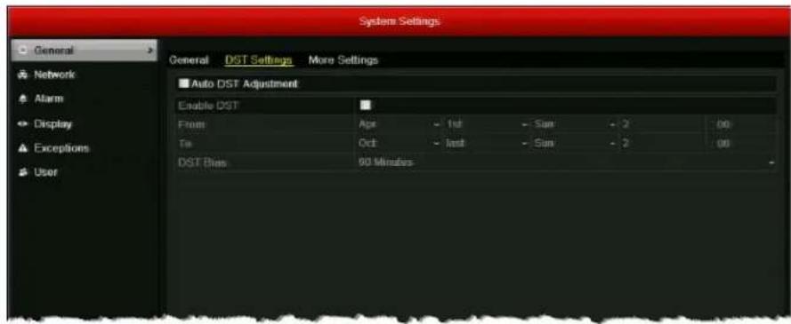 System Settings General Network Alarm Display Exceptions User General DST Settings More Settings Auto DST Adjustment Enable DST From: Apr - 1st - Sun - 2 00 To: Oct - last - Sun - 2 00 DST Bias 90 Minutes
