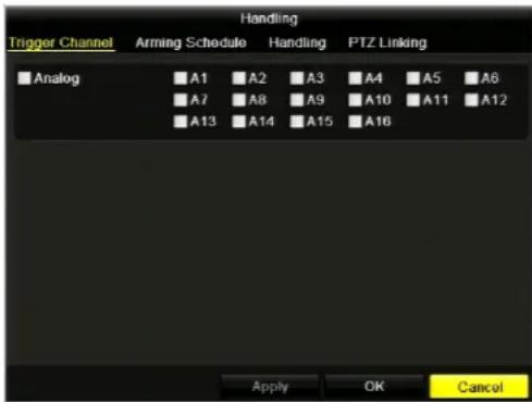 Trigger Channel Analog A1 A2 A3 A4 A5 A6 A7 A8 A9 A10 A11 A12 A13 A14 A15 A16 Handling Apply OK Cancel
