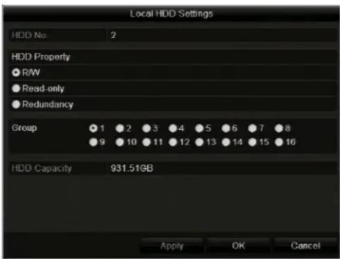 Local HDD Settings HDD No 2 HDD Property ● R/W ● Read-only ● Redundancy Group 1 2 3 4 5 6 7 8 9 10 11 12 13 14 15 16 HDD Capacity 931.51GB Apply OK Cancel
