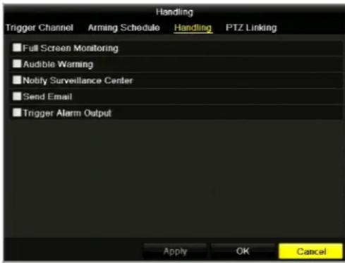 Handling Trigger Channel Arming Schedule Handling PTZ Linking Full Screen Monitoring Audible Warning Notify Surveillance Center Send Email Trigger Alarm Output Apply OK Cancel