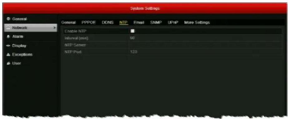 System Settings General PPPOE DDNS NTP Email SNMP UPnP More Settings Enable NTP Interval (min) 50 NTP Server NTP Pod 123