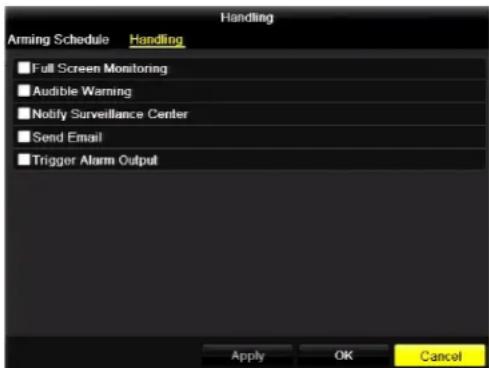 Handling Arming Schedule Handling Full Screen Monitoring Audible Warning Notify Surveillance Center Send Email Trigger Alarm Output Apply OK Cancel