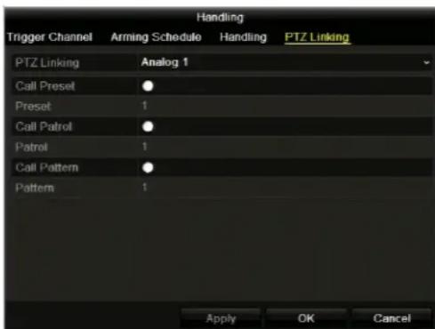 Trigger Channel Arming Schedule Handling PTZ Linking Analog 1 Call Preset ● Preset 1 Call Patrol ● Patrol 1 Call Pattern ● Pattern 1 Apply OK Cancel