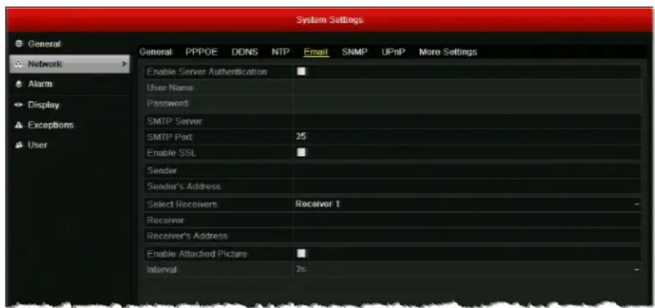 System Settings General PPPOE DDNS NTP Email SNMP UPnP More Settings Enable Server Authentication User Name Password SMTP Server SMTP Port 25 Enable SSL Sender Sender's Address Select Receivers Receiver 1 Receiver Receiver's Address Enable Attached Picture Interval 2s