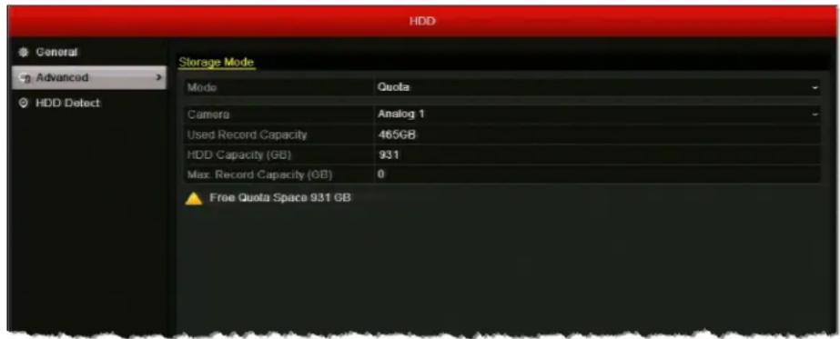 HDD General Advanced HDD Detect Storage Mode Mode Quota Camera Analog 1 Used Record Capacity 465GB HDD Capacity (GB) 931 Max. Record Capacity (GB) 0 ▲ Free Quota Space 931 GB
