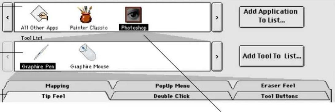 All Other Apps Painter Classic Photoshop Tool List Graphire Pen Graphire Mouse Add Application To List... Add Tool To List... Mapping PopUp Menu Eraser Feel Tip Feel Double Click Tool Buttons