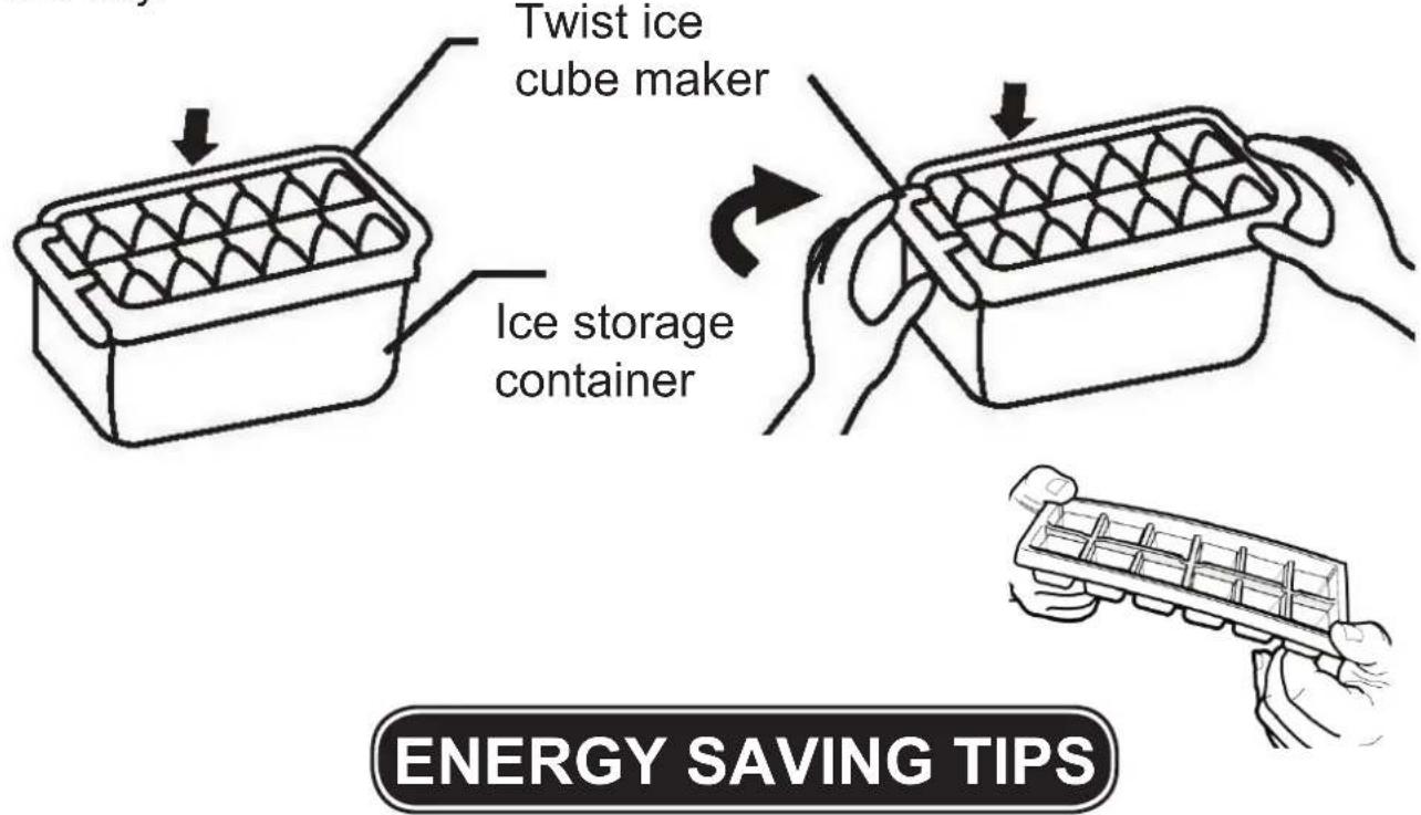 Twist ice cube maker Ice storage container ENERGY SAVING TIPS