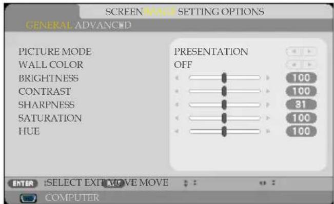 SCREEN MAP SETTING OPTIONS GENERAL ADVANCED PICTURE MODE WALL COLOR BRIGHTNESS CONTRAST SHARPNESS SATURATION HUE PRESENTATION OFF 100 100 31 100 100 ENTER :SELECT EXIT MOVE MOVE COMPUTER