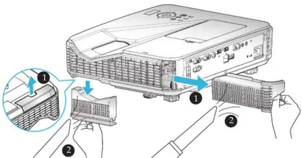 Diagram illustrating the process of inserting a component into a projector, with numbered steps and magnified views highlighting internal structure.