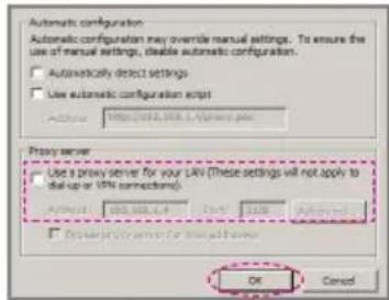 Automatic configuration Automatic configuration may override manual settings. To ensure the use of manual settings, disable automatic configuration. □ Automatically detect settings □ Use automatic configuration script Address: http://2012.103.1.1/Service Point Proxy server □ Use a proxy server for your LAV (These settings will not apply to dial-up or VPN connections). A/ACB: 1958-1964-4 □ Do not use proxy server or manual server OK Cancel