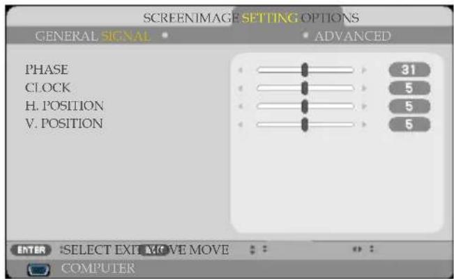 SCREENIMAGE SETTING OPTIONS GENERAL SIGNAL PHASE CLOCK H. POSITION V. POSITION ADVANCED 31 5 5 5 6 ENTER :SELECT EXIT MOVE MOVE COMPUTER