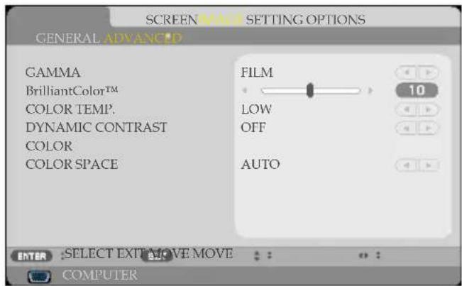 SCREEN MICE SETTING OPTIONS GENERAL ADVANCED GAMMA BrilliantColor™ COLOR TEMP. DYNAMIC CONTRAST COLOR COLOR SPACE FILM 10 LOW OFF AUTO ENTER :SELECT EXT+MOVE MOVE COMPUTER