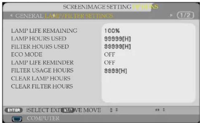 SCREENIMAGE SETTING GENERAL LAMP/FILTER SETTINGS LAMP LIFE REMAINING 100% LAMP HOURS USED 99999[H] FILTER HOURS USED 99999[H] ECO MODE OFF LAMP LIFE REMINDER OFF FILTER USAGE HOURS 9999[H] CLEAR LAMP HOURS CLEAR FILTER HOURS ENTER: SELECT EXIT MOVE MOVE COMPUTER