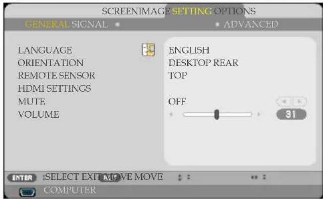SCREENIMAGE SETTING OPTIONS GENERAL SIGNAL ADVANCED LANGUAGE ORIENTATION REMOTE SENSOR HDMI SETTINGS MUTE VOLUME ENGLISH DESKTOP REAR TOP OFF 31 ENTER: SELECT EXIT MOVE MOVE COMPUTER