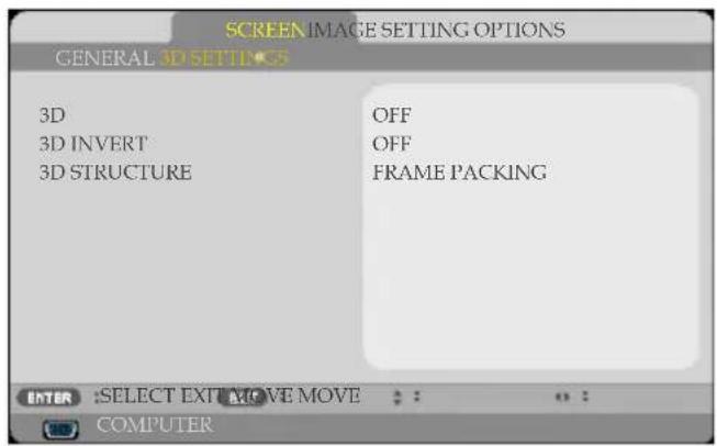 SCREEN IMAGE SETTING OPTIONS GENERAL 3D SETTING 3D OFF 3D INVERT OFF 3D STRUCTURE FRAME PACKING ENTER :SELECT EXT MOVE MOVE COMPUTER