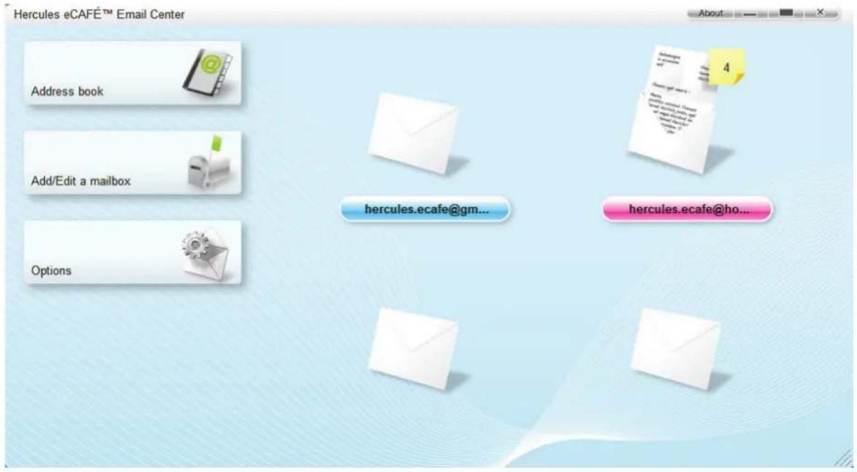 Hercules eCAFÉ™ Email Center Address book Add/Edit a mailbox Options hercules.ecafe@gm... hercules.ecafe@ho...
