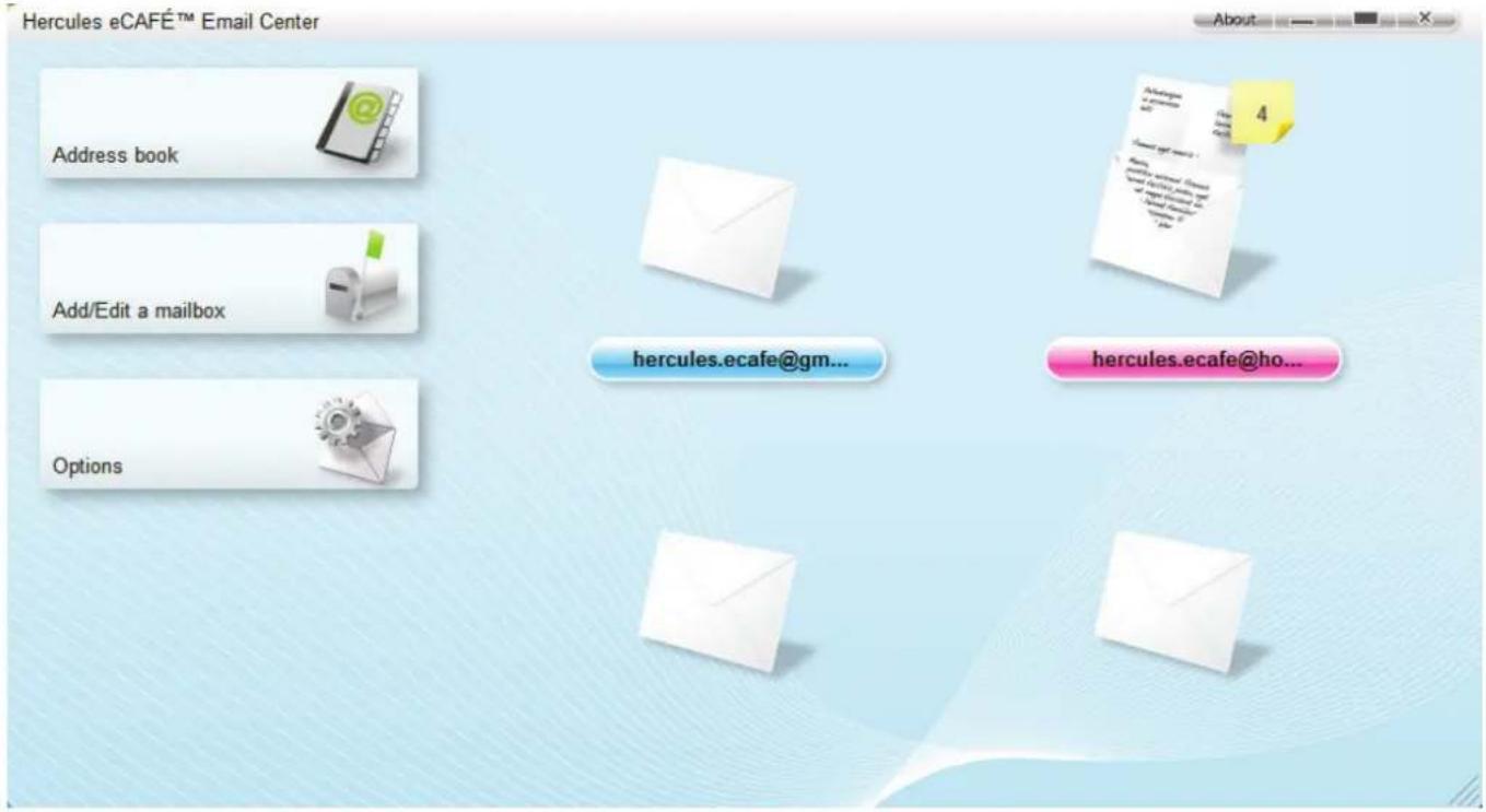 Hercules eCAFÉ™ Email Center Address book Add/Edit a mailbox Options hercules.ecafe@gm... hercules.ecafe@ho...