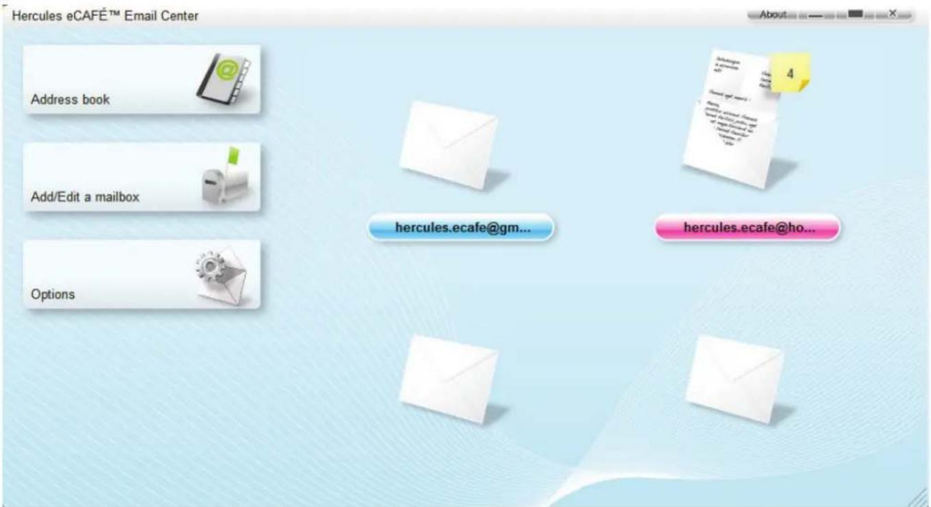 Hercules eCAFÉ™ Email Center Address book Add/Edit a mailbox Options hercules.ecafe@gm... hercules.ecafe@ho...