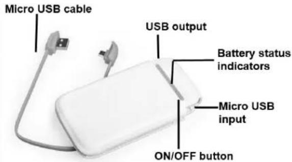 Micro USB cable USB output Battery status indicators Micro USB input ON/OFF button