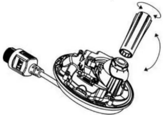 Mechanical assembly diagram showing a motor, gear, and shaft components with rotational arrows indicating motion (no text or labels)
