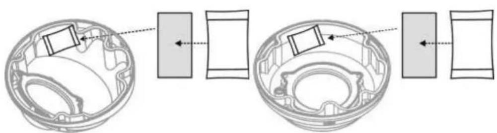 Diagram showing two views of a mechanical component with internal components and alignment arrows (no text or symbols)