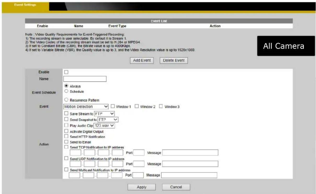 Event Settings Event List Enable Name Event Type Action Note : Video Quality Requirements for Event-Triggered Recording: 1) The recording stream is user selectable. By default it is Stream 1. 2) The Video Codec of the recording stream must be set to H.264 or MPEG4. 3) If set to Constant Bitrate (CBR…