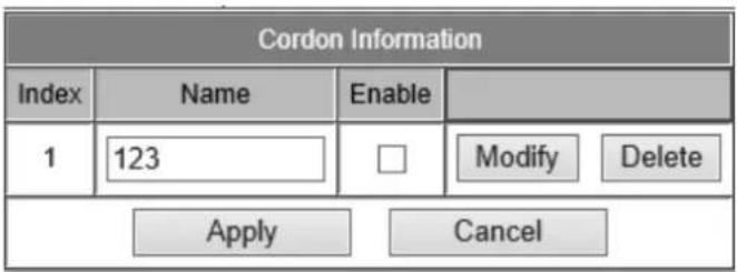 Cordon Information Index Name Enable 1 123 □ Modify Delete Apply Cancel