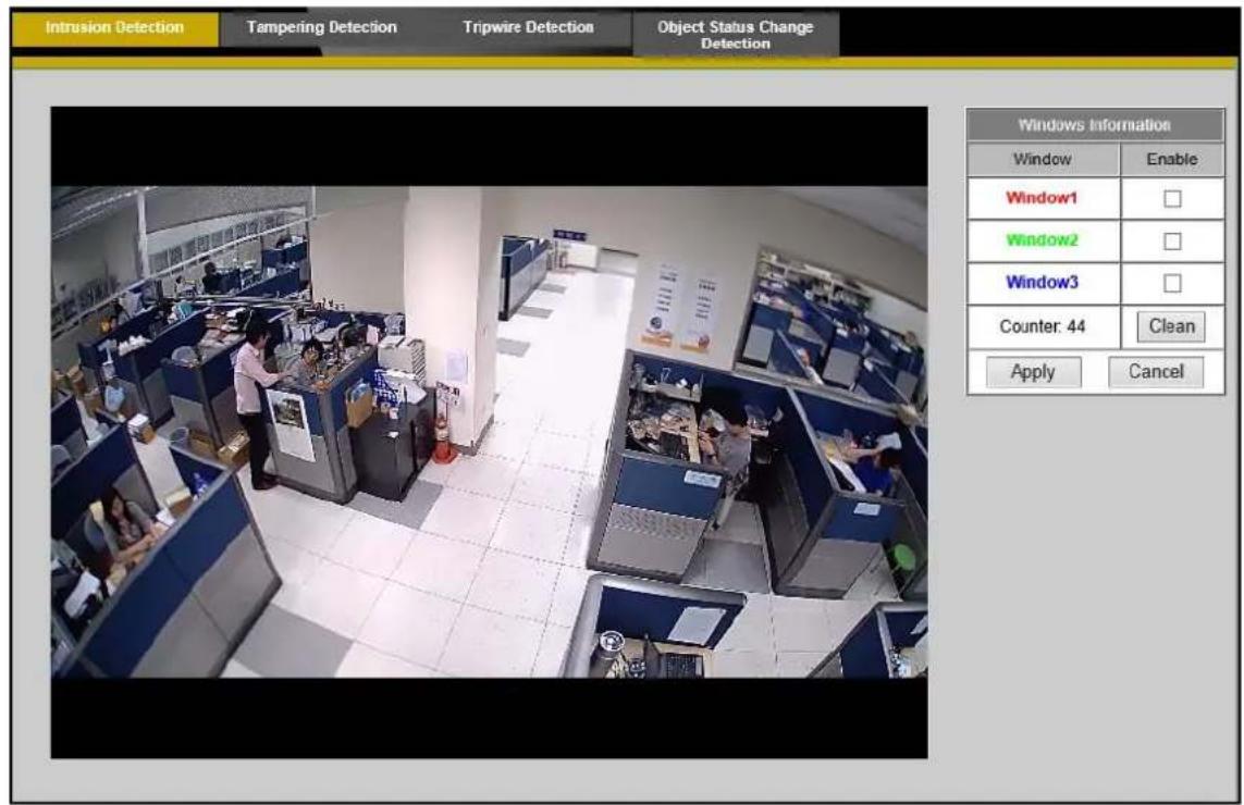 Intrusion Detection Tampering Detection Tripwire Detection Object Status Change Detection Windows Information Window Enable Window1 □ Window2 □ Window3 □ Counter: 44 Clean Apply Cancel