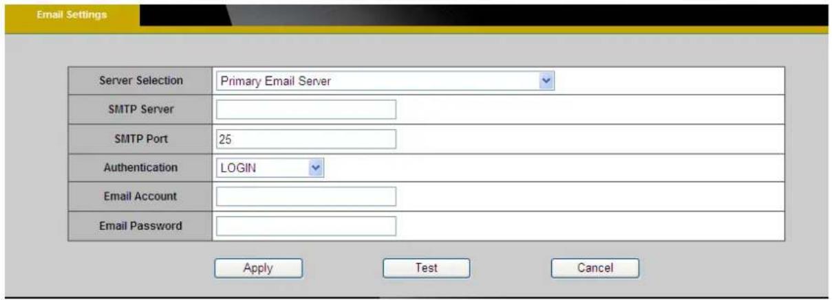 Email Settings Server Selection Primary Email Server SMTP Server SMTP Port 25 Authentication LOGIN Email Account Email Password Apply Test Cancel