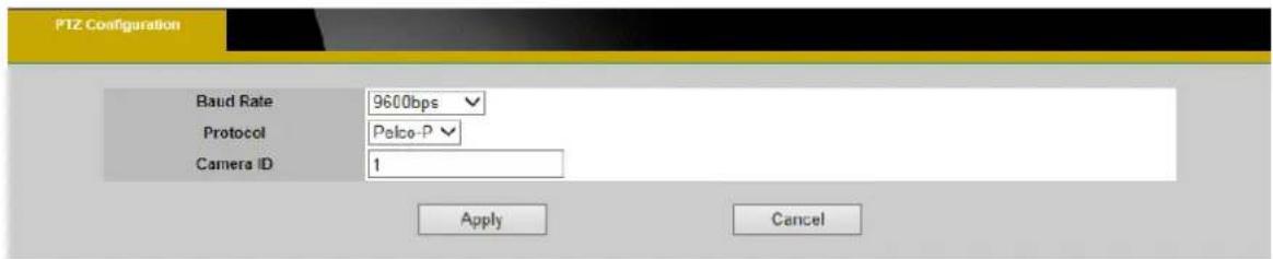 PTZ Configuration Baud Rate 9600bps Protocol Palco-P Camera ID 1 Apply Cancel