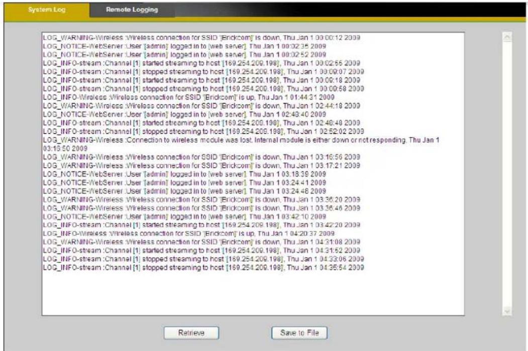 LOG_WARNING-Wireless :Wireless connection for SSID [Brickcom] is down, Thu Jan 1 00:00:12 2009 LOG_NOTICE-WebServer :User [admin] logged in to [web server]. Thu Jan 1 00:02:35 2009 LOG_NOTICE-WebServer :User [admin] logged in to [web server]. Thu Jan 1 00:02:52 2009 LOG_INFO-stream :Channel [1] star…