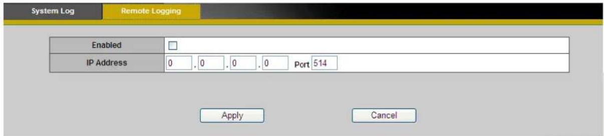 System Log Remote Logging Enabled IP Address 0 . 0 . 0 . 0 Port 514 Apply Cancel