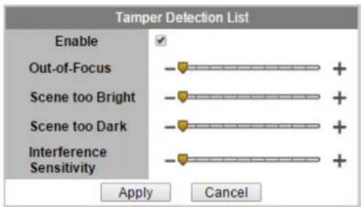 Tamper Detection List Enable Out-of-Focus Scene too Bright Scene too Dark Interference Sensitivity Apply Cancel