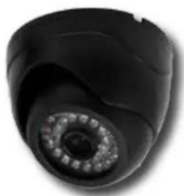 Close-up of a black circular security camera with visible lens and control buttons (no text or symbols)