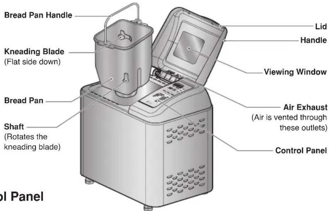 Bread Pan Handle Kneading Blade (Flat side down) Bread Pan Shaft (Rotates the kneading blade) Lid Handle Viewing Window Air Exhaust (Air is vented through these outlets) Control Panel ol Panel