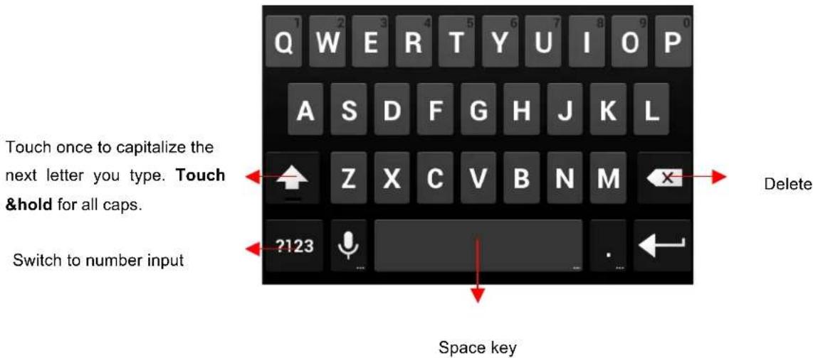 Q W E R T Y U I O P A S D F G H J K L Touch once to capitalize the next letter you type. Touch &hold for all caps. Switch to number input ?123 Delete Space key
