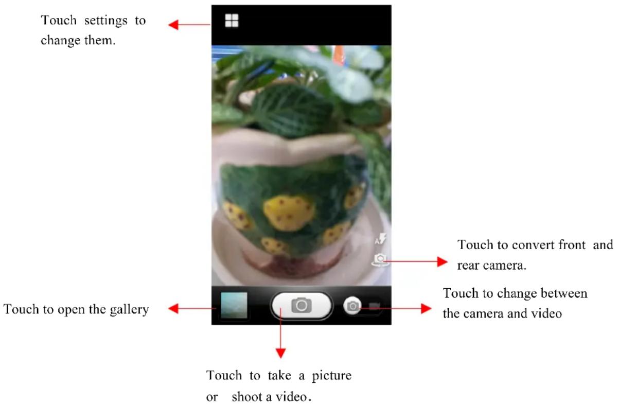 Touch settings to change them. Touch to open the gallery Touch to take a picture or shoot a video. Touch to convert front and rear camera. Touch to change between the camera and video