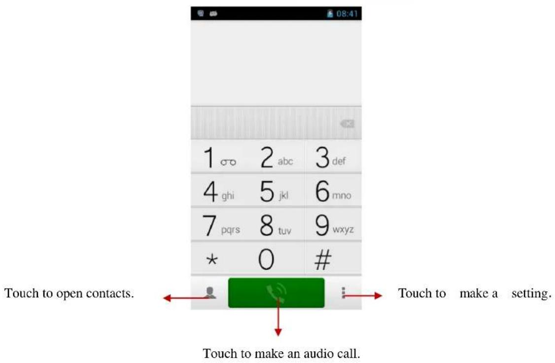 1 2 abc 3 def 4 ghi 5 jkl 6 mno 7 pqrs 8 tuv 9 wxyz * 0 # Touch to open contacts. Touch to make a setting. Touch to make an audio call.